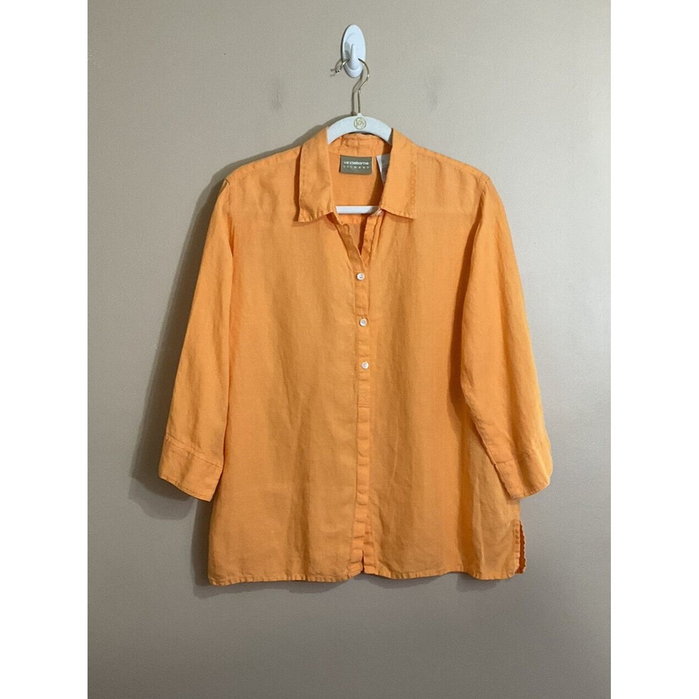 Liz Claiborne Womens Linen Button Down Shirt Orange Coastal Minimalist Large